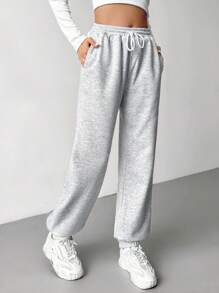 SHEIN EZwear Drawstring Waist Thermal Lined Sweatpants - Grey - View 5