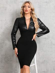 SHEIN Tall Của phụ nữ Cổ chữ V Khối màu Váy liền áo vừa vặn - màu đen - Xem 3