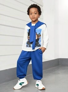 Young Boy Slogan and Angel Print Tee & Sweatpants & Tie Front Shawl - Blue - View 4