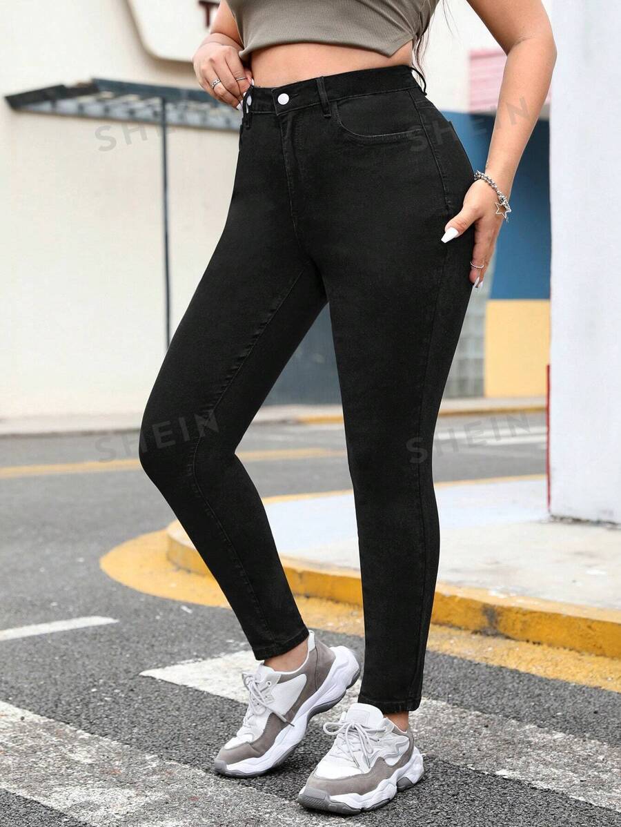 SHEIN EZwear Talla grande Jeans unicolor - Negro - Ver 1