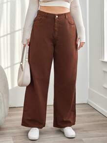 EURMUSE Plus Size Women's Solid Color Loose Jeans - Brown - View 1