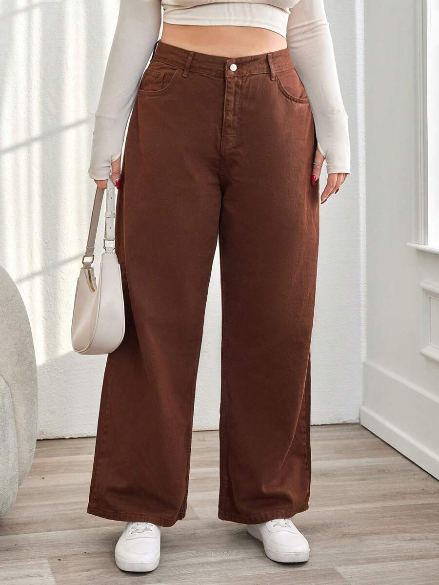 EURMUSE Plus Size Women's Solid Color Loose Jeans - Brown - View 1