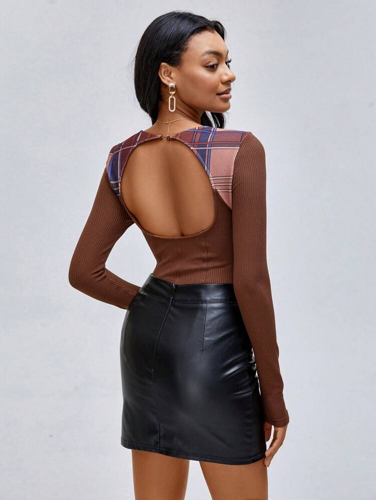 Designer Plaid Print Open Back Bodysuit, For Holiday, Vacation, Spring, Beach, Festival, Ibiza Fits