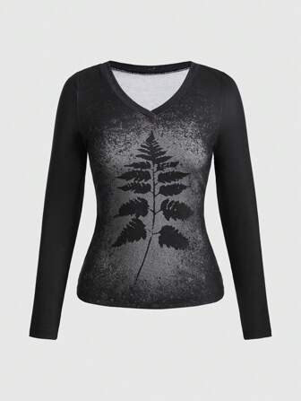 Fairycore Camiseta Slim Fit Con Cuello De Pico Y Estampado De Hojas