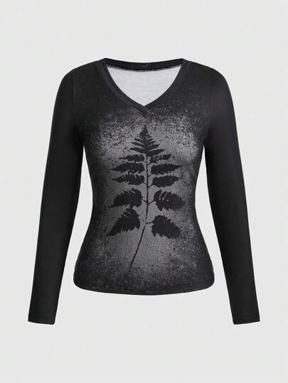 Fairycore T-shirt Slim Fit À Col En V Et Imprimé Feuilles