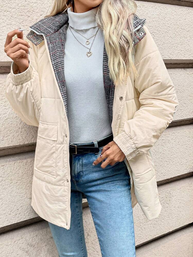 Women'S Hooded Plaid Lined Padded Coat With Padding Winter Casual