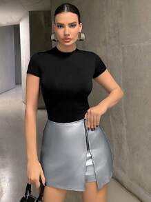 SHEIN Essnce Zipper High Waist Asymmetrical Hem Skort - Silver - View 5