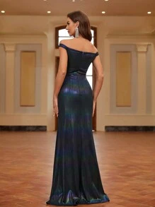 SHEIN Belle 露肩美人魚鱗紋霓虹晚禮服 - 紫色 - 查看 3