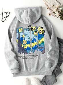 SHEIN EZwear 主題印花束口連帽衛衣 - 淺灰色 - 查看 1