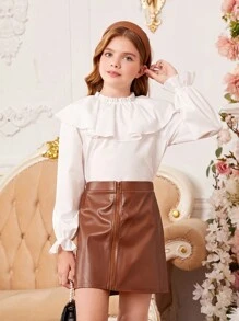 女童優雅荷葉邊圓領鈴鐺袖上衣pu皮裙針織兩件套裝 - 彩色 - 查看 1