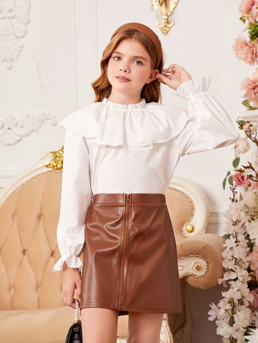 女童優雅荷葉邊圓領鈴鐺袖上衣pu皮裙針織兩件套裝 - 彩色 - 查看 1