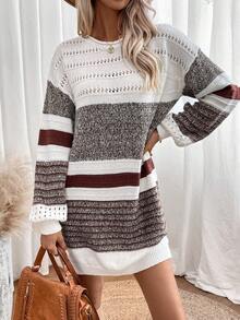 SHEIN LUNE Color Block Drop Shoulder Pointelle Knit Sweater Dress - Multicolor - View 6