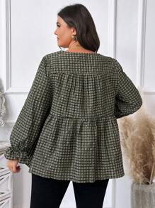SHEIN LUNE 大碼網格線條紋圓領襯衫帶荷葉邊 - 墨綠色 - 查看 2