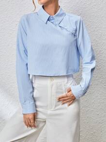 SHEIN Essnce Women's Blue And White Striped Collared Shirt - Blue and White - View 5