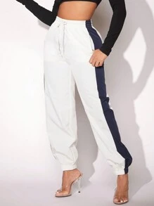 SHEIN SXY Women's Color Blocking Loose Fit Drawstring Waist White Sweatpants - Blue and White - View 6