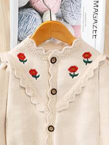 SHEIN 女童刺繡花卉燈籠袖開襟針織外套 - 杏色 - 查看 3