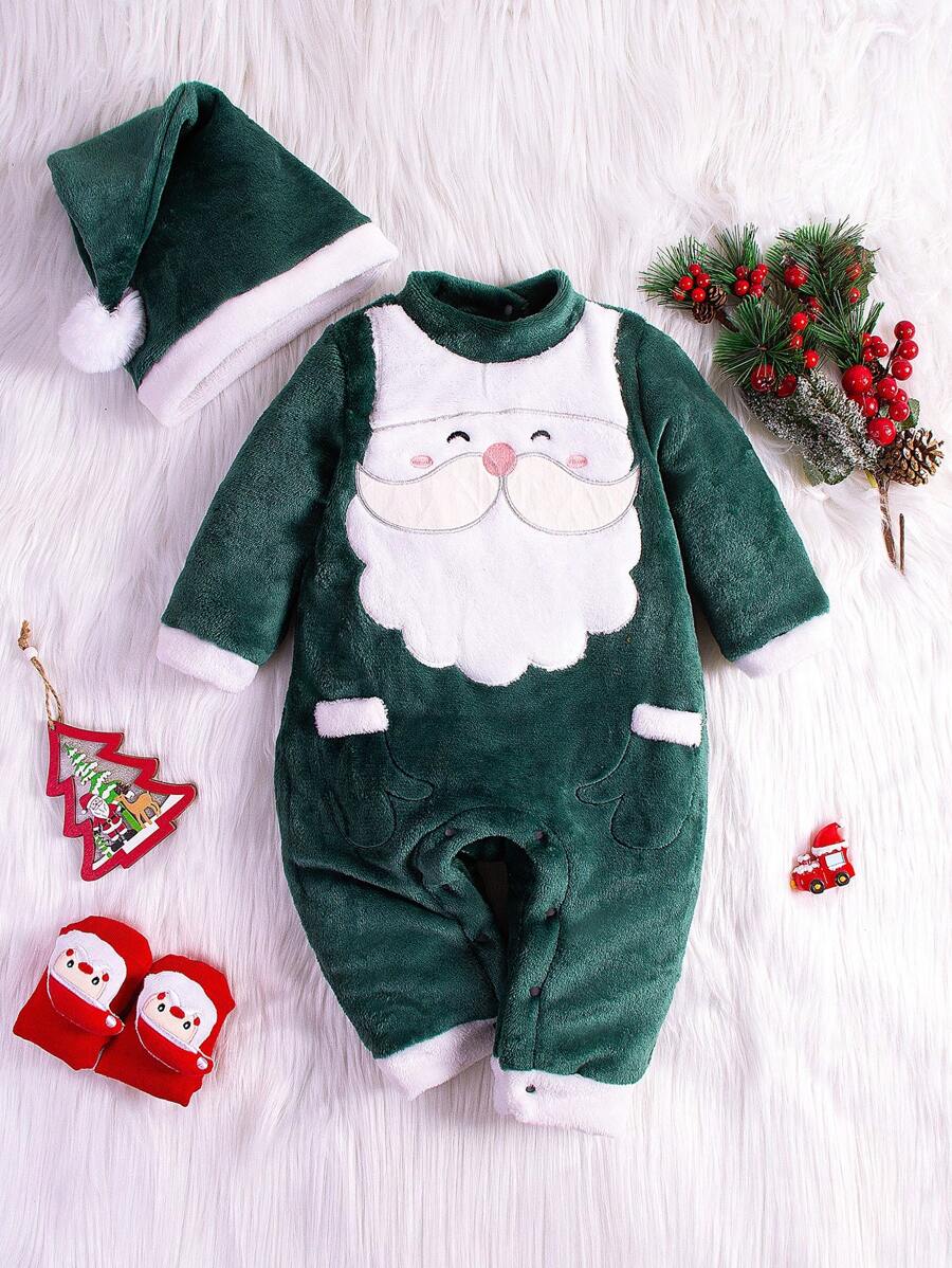 幼兒男童聖誕老人刺繡長袖連體褲，適用於秋季 - 綠色 - 查看 1