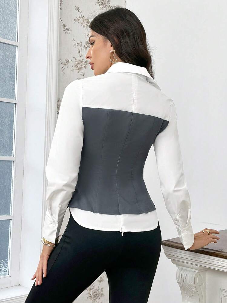 Women's Crop Top With Contrast Collar And 2 In 1 Shirt Design