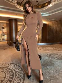 SHEIN Cottnline Women's Hollow Ruffle High Slit Dress - Mocha Brown - View 4