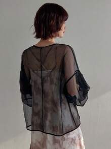 FRIFUL 女士灯笼袖透视T恤透明上衣长袖上衣 - 黑色 - 查看 2
