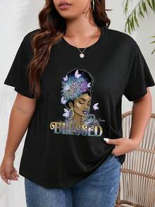 SHEIN Unity Của phụ nữ Kích thước lớn Nhân vật In Áo thun - màu đen - Xem 3