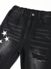 SHEIN Explorewe Quần jean phong cách đường phố Tween Boy hợp thời trang thêu ngôi sao, viền nhăn và sờn - màu đen - Xem 6