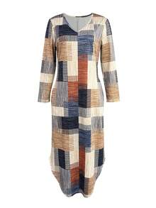 女款秋冬格子休閒長版時尚洋裝 - 卡其色 - 查看 3