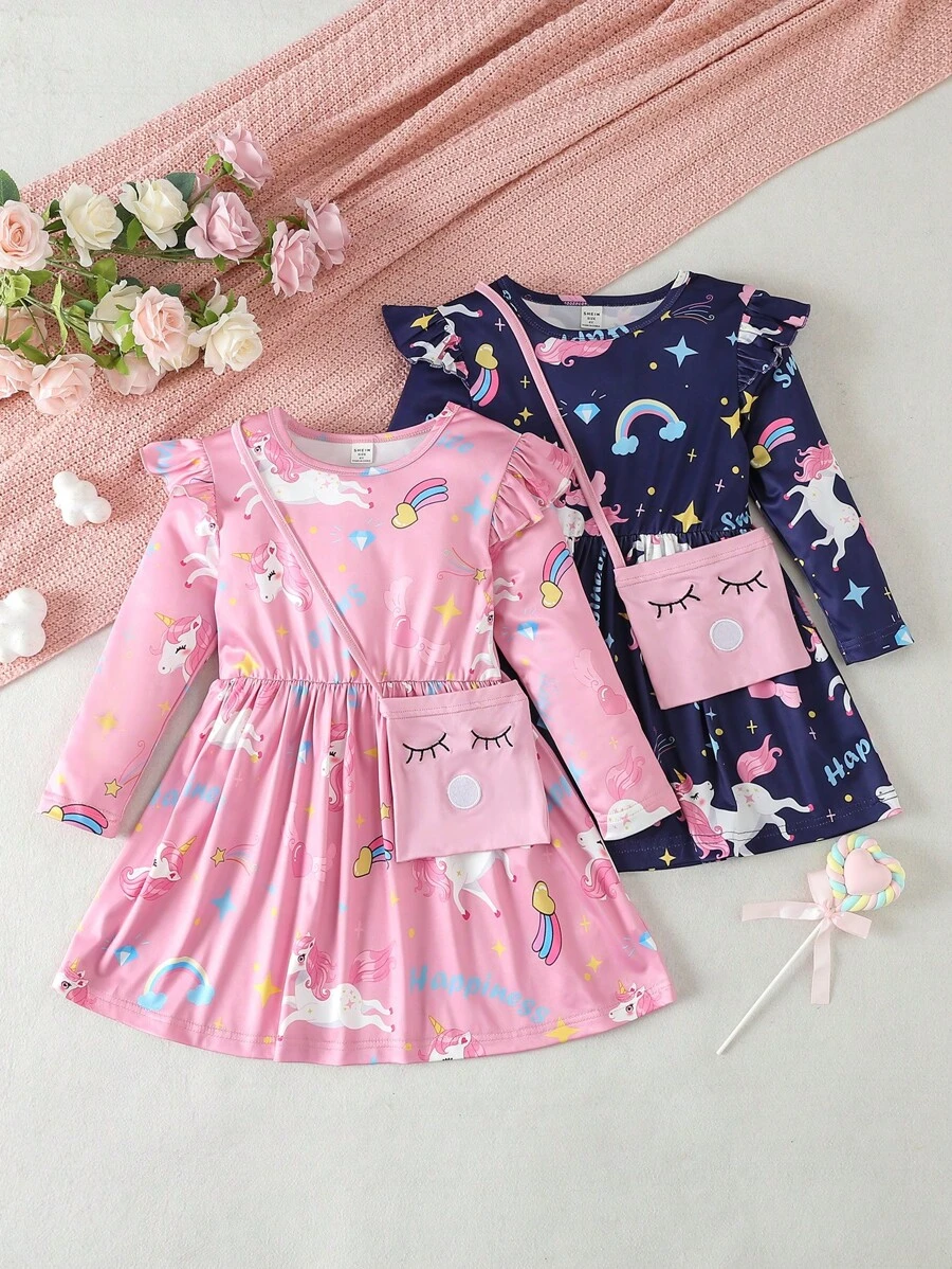 SHEIN Girls' Long Sleeve Lotus Collar Dress With Ruffle Hem For Autumn Winter - Multicolor - View 1