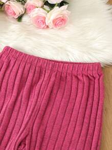 十幾歲女生拼接肋骨針織連帽兩件套裝 - 玫紅色 - 查看 6