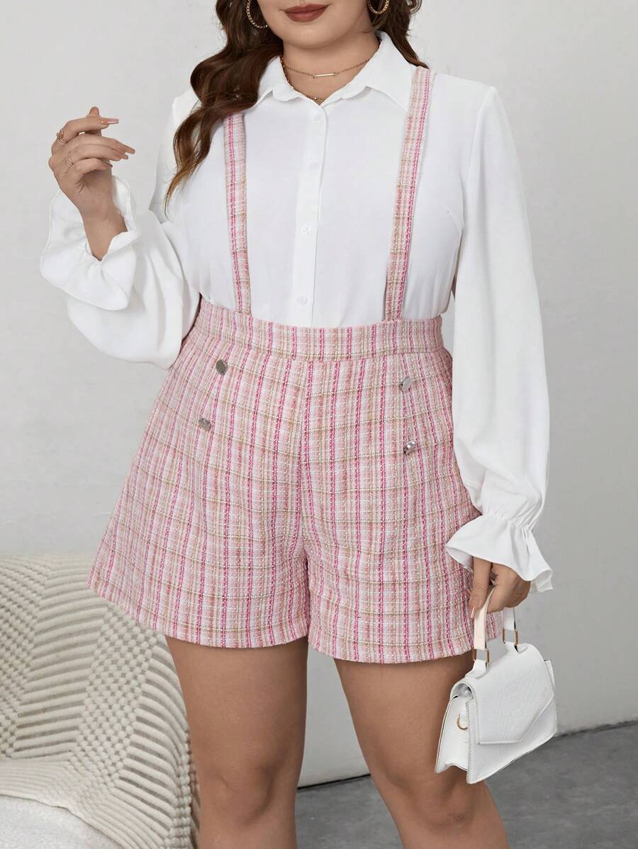 SHEIN Privé Hơn Tay áo loe Áo sơ mi & Kẻ sọc Tweed Quần yếm - Nhiều màu - Xem 1