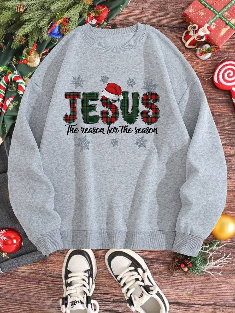 INAWLY Plus Size Christmas Letter Printed Drop Shoulder Fleece Sweatshirt - Light Grey - View 1