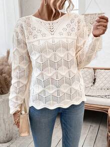 SHEIN Clasi Women'S Hollow Out Knitted Drop Shoulder Sweater - Beige - View 5