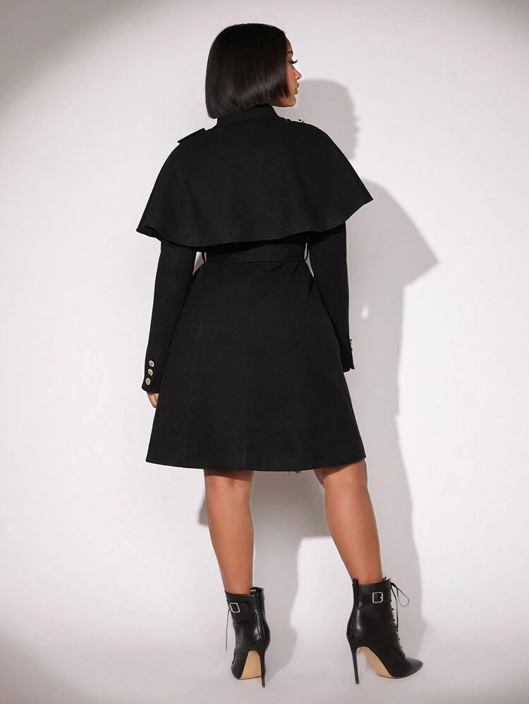 New Year Women'S Black Woolen Cape Coat Reaching Up To The Knee