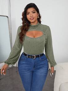 SHEIN Privé 大碼露肩半高領燈籠袖t恤 - 薄荷綠 - 查看 4