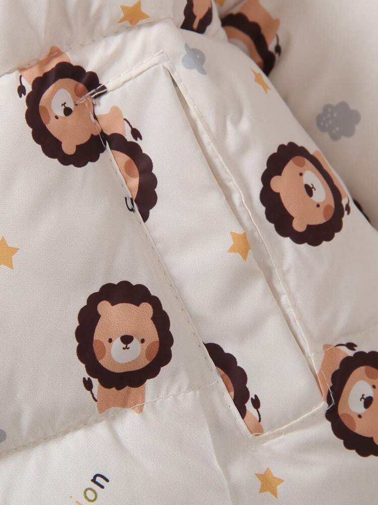 男童罗纹狮子印花连帽棉服外套 - 米色 - 查看 6