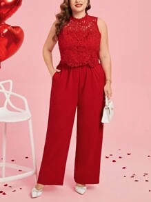 SHEIN Clasi 加大號凝膠蕾絲背心和寬腿褲 - 紅色 - 查看 1