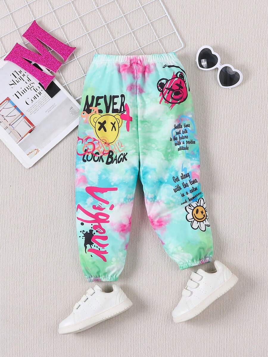 SHEIN 女童新款時尚卡通字母印花休閒運動輕盈縮口褲 - 彩色 - 查看 1