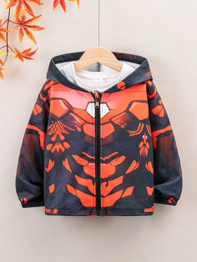 Young Boy Graphic Print Zip Up Hooded Coat Without Tee