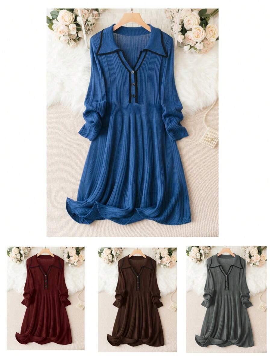 SHEIN LUNE 大碼拼接邊毛衣洋裝 - 藍色 - 查看 1