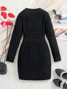 Vestido De Manga Larga De Lana Negro Para Niña, Otoño E Invierno - Negro - Ver 2