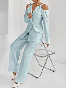 SHEIN Privé 純色無腰帶露肩西裝外套 - 淺藍色 - 查看 6