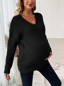 SHEIN 孕婦純色v領舒適休閒毛衣 - 黑色 - 查看 4