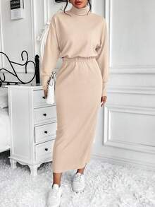 SHEIN Frenchy 女士高口袋落肩上衣和裙子套裝 - 杏色 - 查看 3