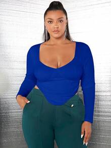 SHEIN SXY Hơn Cổ Trái tim Viền không đối xứng Áo thun - Xanh đậm - Xem 4