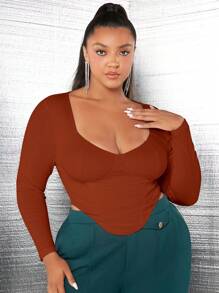 SHEIN SXY Plus甜心領不對稱下擺t恤 - 棕色 - 查看 3