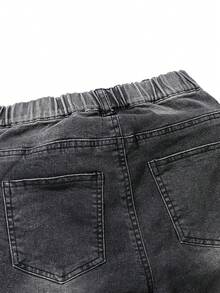 Tween 男孩水洗復古街頭風格拼布裝飾彈性牛仔褲 - 黑色 - 查看 6