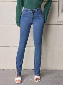 SHEIN LUNE Women's Tight-fitting Jeans With Split Hem