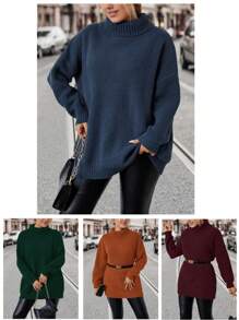 SHEIN LUNE Plus Size Women's High Neck Pullover Sweater Knit Pullover Fall Winter Sweater - Dusty Blue - View 1