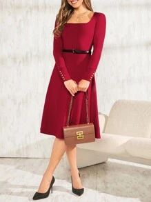 SHEIN Clasi Square Neck A-line Dress Without Belt - Burgundy - View 4