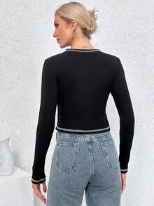 SHEIN Essnce Women's Color Block Asymmetrical Hem T-Shirt With Contrast Stitching - Black - View 2